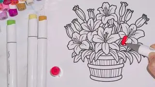 ASMR Color With Me |Beautiful Flowerpot |No Talking |Ohuhu Alcohol Markers #asmrvideos