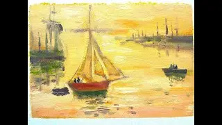 Impressionistic Oil Painting of a Seaport at Sunset