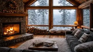 Cozy Winter Cabin Ambience ❄️🎄 Relaxing Music, Crackling Fireplace & Peaceful Snowfall - 3 Hour