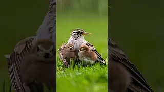 Lark and Chicks on Field in Light Drizzle. (Wait For It!) #cute #mother #birds