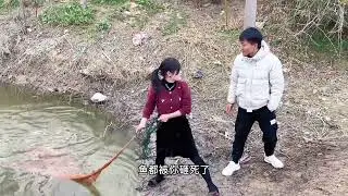兵嫂在坑里捕鱼，小兵来捣乱，还用渔网拉兵嫂，爸爸气的暴揍小兵