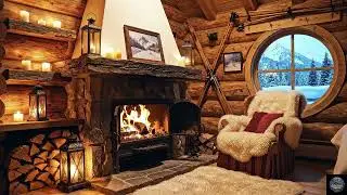 Cosy Log Cabin Ambience ❄️ Crackling Fireplace & Snowy Mountain Views- Warm Winter Retreat