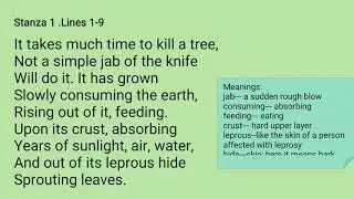 On Killing a Tree by Gieve Patel.Part 1.  Line by line explanation with critical comments