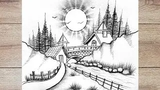 How to drawing mesmerizing lake and bridge scenery drawing