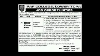 Pakistan Air Force PAF College Lower Topa Jobs 2026