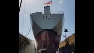 HMS Scott being transferred into dry dock in Falmouth