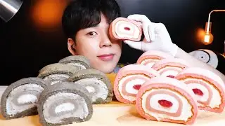 ASMR 쿠캣 딸기 롤케이크 흑임자 롤케이크 먹방 리얼사운드 Strawberry Roll Cake MUKBANG