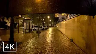 4K Lisbon -Night Walk in the Rain - Winter Tour - ASMR sounds