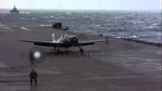 F6F Hellcat aircraft warms up on flight deck of USS Randolph, Pacific Ocean. HD Stock Footage