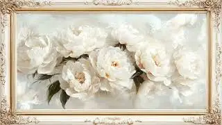 Gold Vintage Frame Wallpaper Art | Pink White Watercolor Flowers Peonies, TV Display Screensaver HD