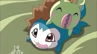 DemiVeemon and Minomon wake Davis up by wrestling on his bed