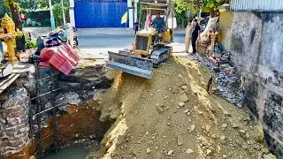 Start Opening New Project!!Bulldozer Mitsubishi BD2A pushing Soil into Dirty water&5Ton Trucks​.