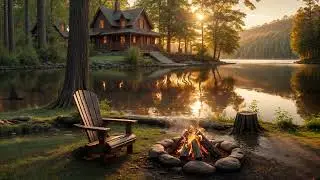 Summer Morning Serenity: Campfire Ambience & Birds Singing by the Lake For Relaxing