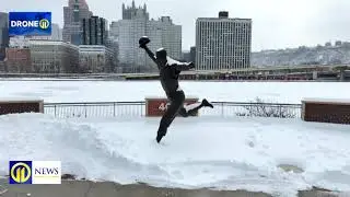Drone 11 flies over Pittsburgh's North Shore after significant snowfall across the city and region