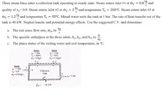 Three steam lines enter a collection tank operating at steady state.