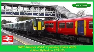 Newly refurbished SWR 4-Car Juniper 458417 passing Class 455&rsquo;s on a test run - West Byfleet 27/11/23