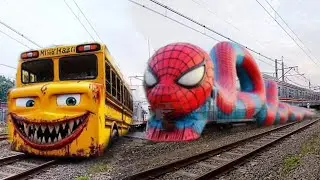 Railroad Crossing|| Perlintasan Kereta Api|| Kereta Ular Kepala Spiderman, Kereta Bus Monster Exe