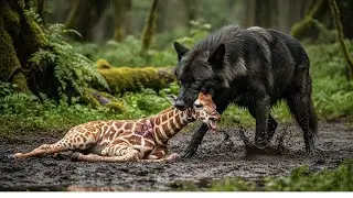 Black Wolf vs Baby Giraffe | A Heart-Stopping Battle of Survival in the Muddy Jungle!