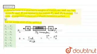 A dynamometer D is attached to weights of masses m_1 and m_2Two forces F_1 and F_2 are applied t...