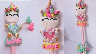 Lapicero de Unicornio/ Porcelana fría/ bolígrafos decorados/ pasta francesa/ manualidades/ crafts
