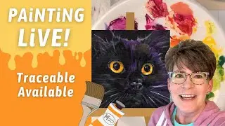 Easy  Black Cat with Acrylics, TRACEABLE, fun Halloween painting LiVE! Paint cat EYES w/ Annie Troe