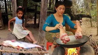 Roasted big fish and cooking pig leg curry tasty delicious