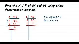 Find the H.C.F of 84 and 98 using prime factorization method.