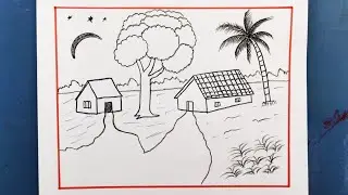 Beautiful Village Moonlight Scenery Drawing || How to Draw Village Moonlight Scenery Drawing