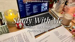 LIVE | 12 HR STUDY WITH ME🔥 Cozy Fireplace | Pomodoro 50/10 | Deep Focus