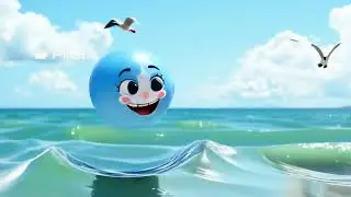 A cute blue ball floating and bouncing on gentle ocean waves under a sunny sky  Seagulls fly in the