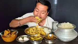 Big Bites Eating🔥 Murgir Mangsho Lal Jhol🍗🐔, Tengra Mach Kochur Mukhi Torkari🐟, Tengra Beguner Jhal🐟