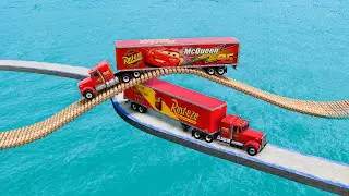 2 Mack Truck vs Impossible Log Wave Bridge and Stone wave Bridge Vs Deep Water - BeamNG.Drive
