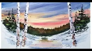 How to Paint Birch Trees in the Snow at Sunset