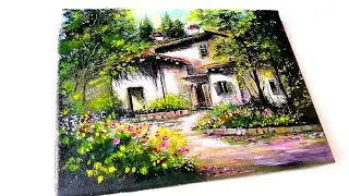 Acrylic Painting / Big House and garden / Using 4 colors Landscape Scenery #art #drawing #diy #how