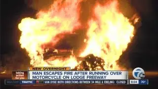 Driver runs over motorcycle and both vehicles catch on fire