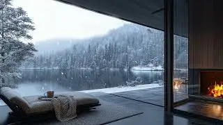 Koselig norsk vinternatt med peisild og sn&oslash;fall sett gjennom stort vindu