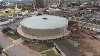 Drone video of construction at the Utica Memorial Auditorium