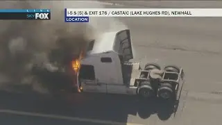 Big rig in police chase completely destroyed after catching fire on 5 Freeway in LA County