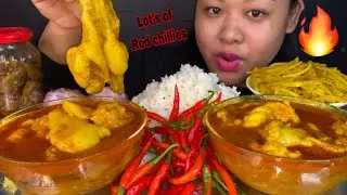 2 FULL BOWL OF SPICY GHUGNI MUTTON FAT CURRY, 🌶LOTS OF HOT RED CHILLIES, ALU BHAJI MUKBANG BIG BITES