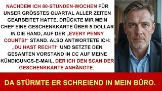 80h geschuftet, Chef schenkt 5$-Karte, kündige mit Scan an Vorstand, er stürmt brüllend rein