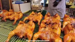 Best selling local smoked - grilled chicken - grilled quail - night market | Street Food Thailand