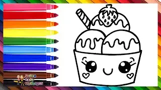 Draw and Color a Cute Ice Cream Bowl 🍨🟡🟤🔴🍓🌈 Drawings for Kids
