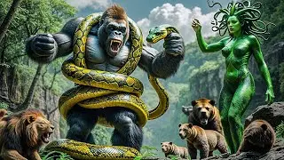 King Kong and the Lion fight Medusa Gorgon and her snakes: Snake invasion of Skull Island