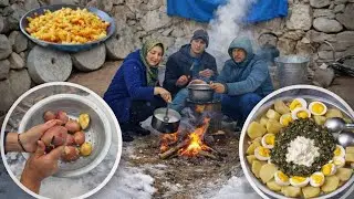 Winter Camping Cooking in the Mountains Traditional Village Food 