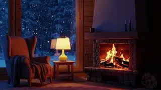 Warm Fireplace & Soft Piano: Relaxing Holiday Ambience with Snowfall