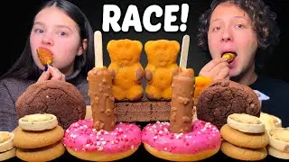 ASMR CHOCOLATE DESSERT RACE! ICE CREAM, CHOCOLATE CAKE, KINDER, CHOCOLATE CANDY BARS MUKBANG 먹방