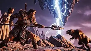 Prehistoric Thunder Rift Warrior Lightning Spear vs Sabertooth Beast at the Floating Storm Rock Sky