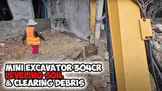 Excavator Backfilling Work | Mini Excavator 304CR Leveling Soil & Clearing Debris