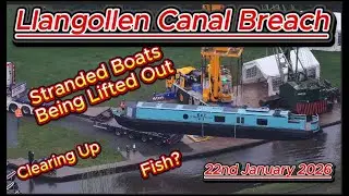 Llangollen Canal Breach 22nd January 2026 - Whitchurch - stranded boats being lifted out #djidrone