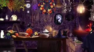 WITCH'S KITCHEN AUTUMN AMBIENCE★RUSTIC KITCHEN, PUMPKINS, CAULDRON, CRACKING FIRE🎃🌽🌻🥘🐈&zwj;⬛💜